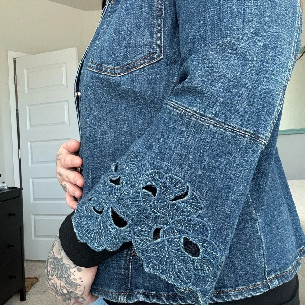 Chico's Blue Jean Jacket with Lace Sleeves - Picture 2 of 11
